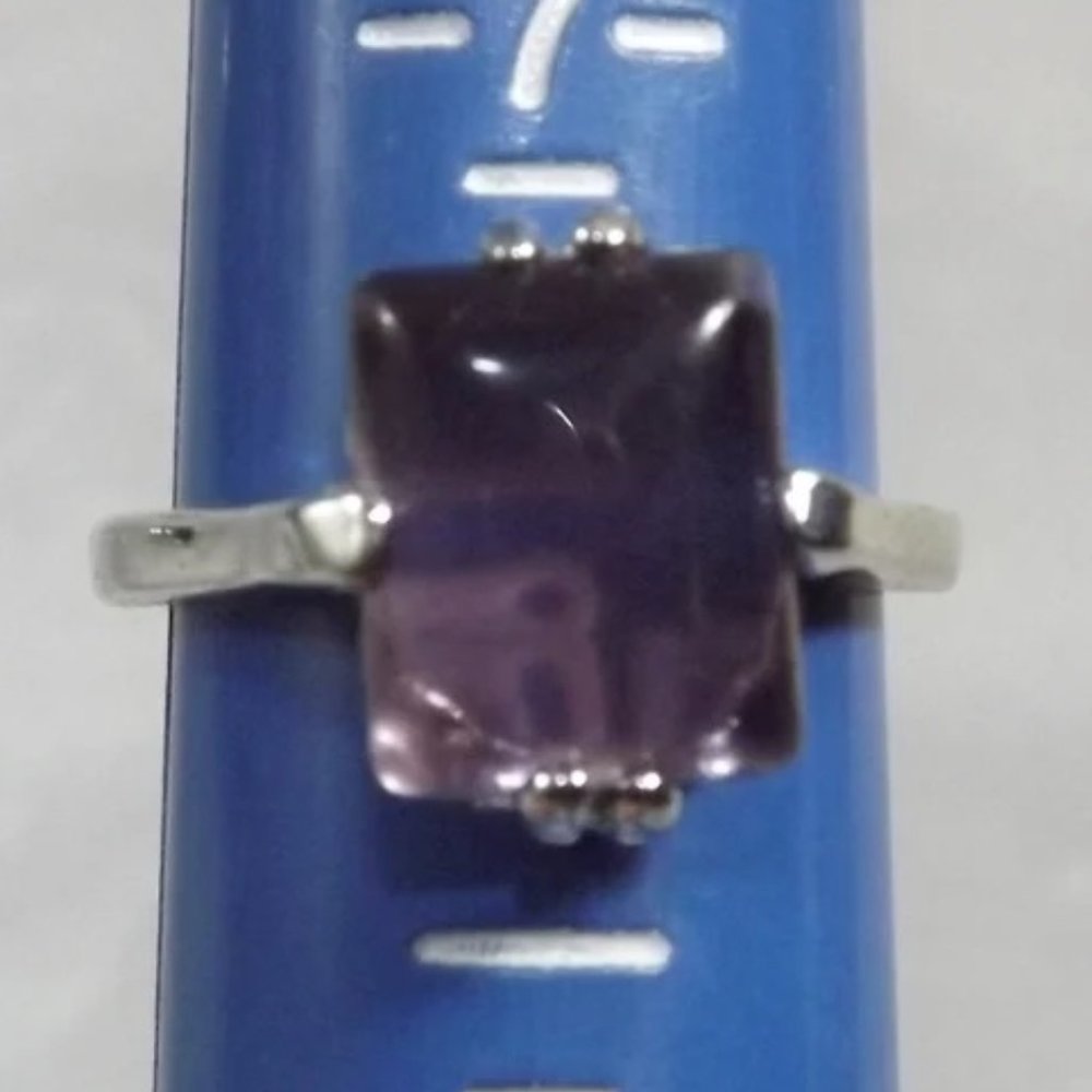 Vintage Genuine Amethyst Gemstone in Silver Tone Ring Setting, Size 8